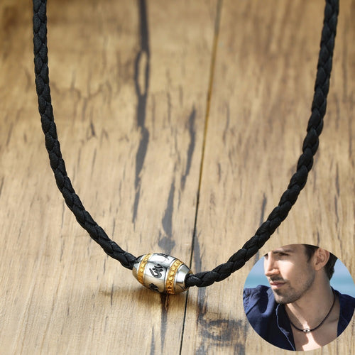 Men Hippie Necklace in Black Braided Leather with Stainless Steel