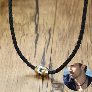Men Hippie Necklace in Black Braided Leather with Stainless Steel