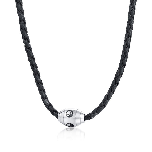 Men Hippie Necklace in Black Braided Leather with Stainless Steel